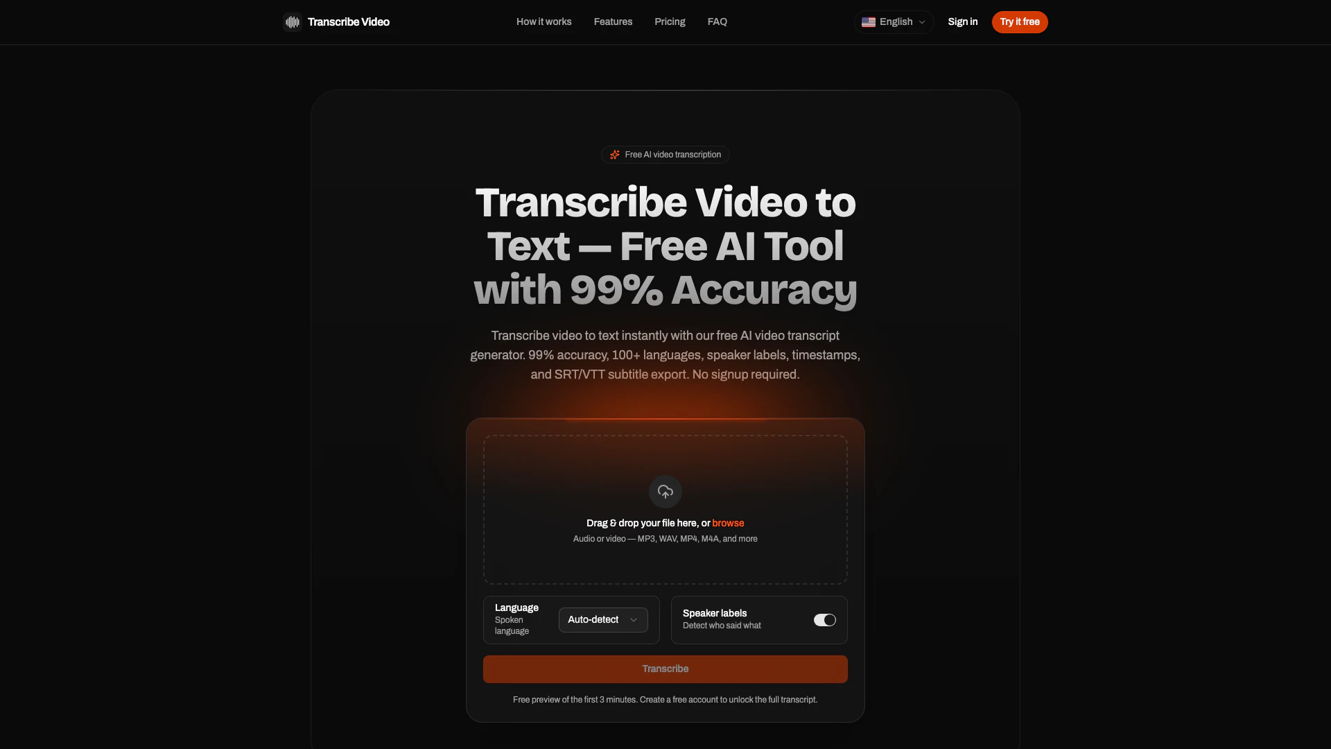 Transcribevideototext website screenshot showing 使用我们的免费AI工具即时将视频转录为文本,提供超过100种语言的99%准确率。 interface and features