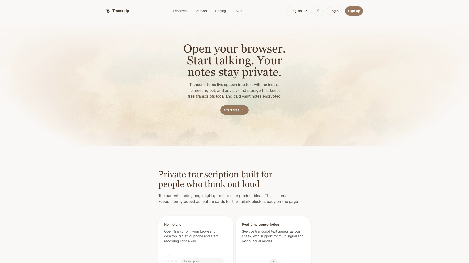 Transcrip website screenshot showing Transcrip allows you to open your browse... interface and features