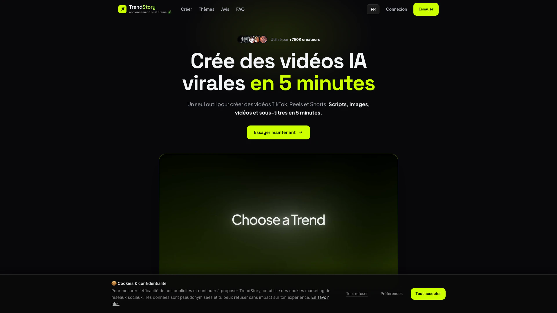 Trendstory website screenshot showing TrendStory is the ultimate tool for crea... interface and features