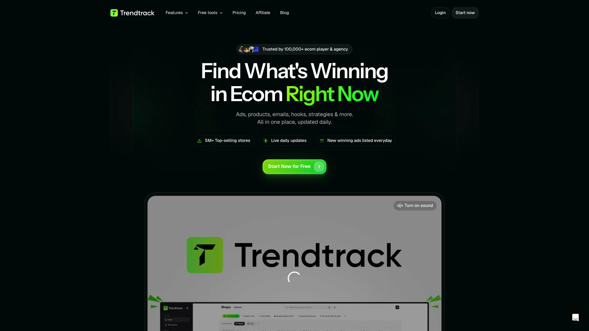 Trendtrack website screenshot showing Trendtrack provides brands with the most... interface and features