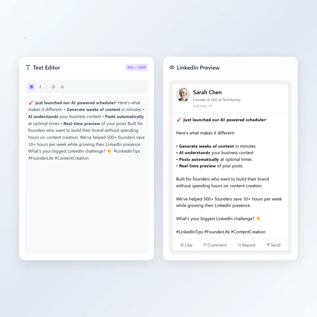 Trioramaai LinkedIn post preview editor
