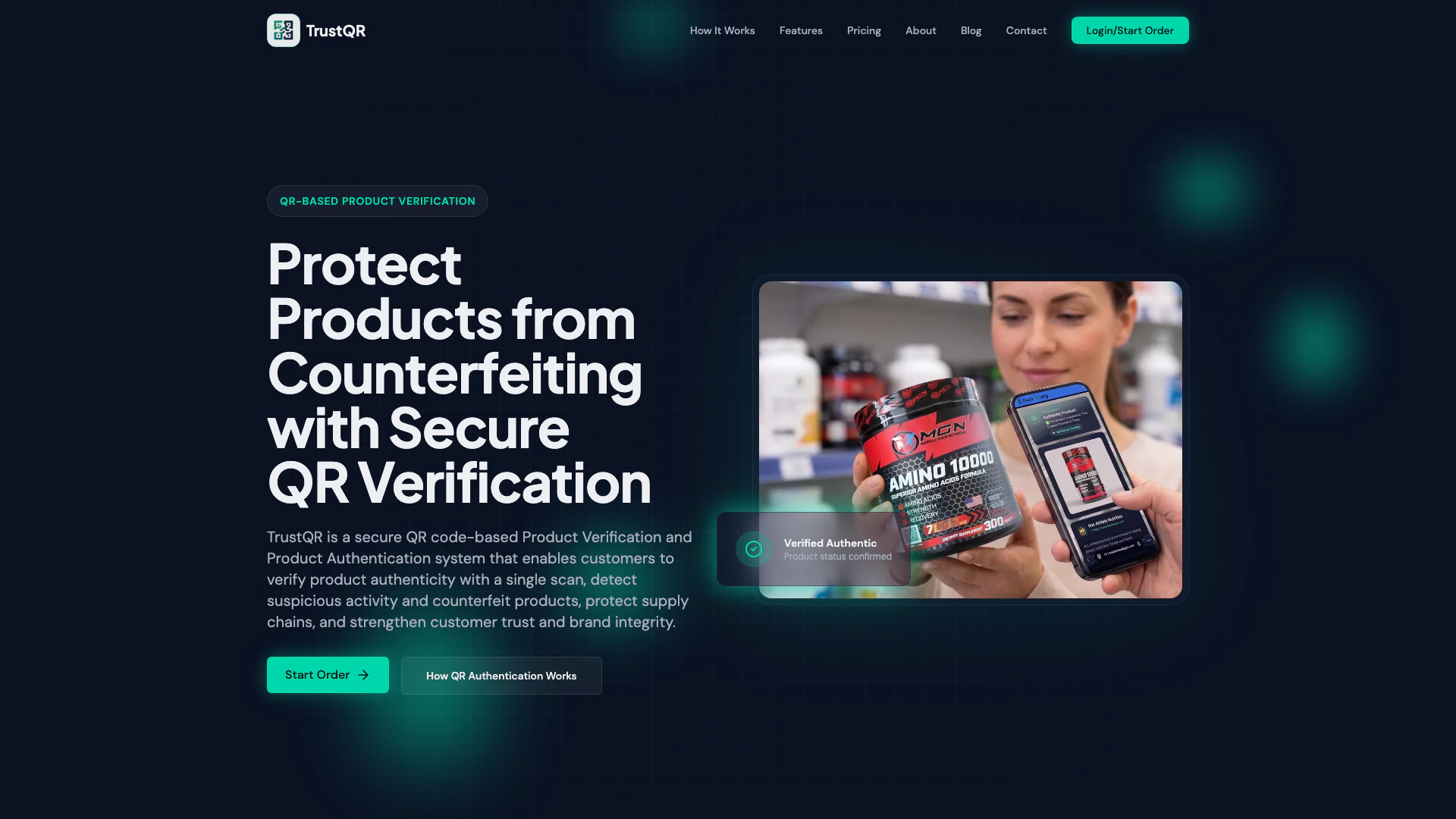 Trustqr website screenshot showing TrustQR protects your brand with QR-base... interface and features