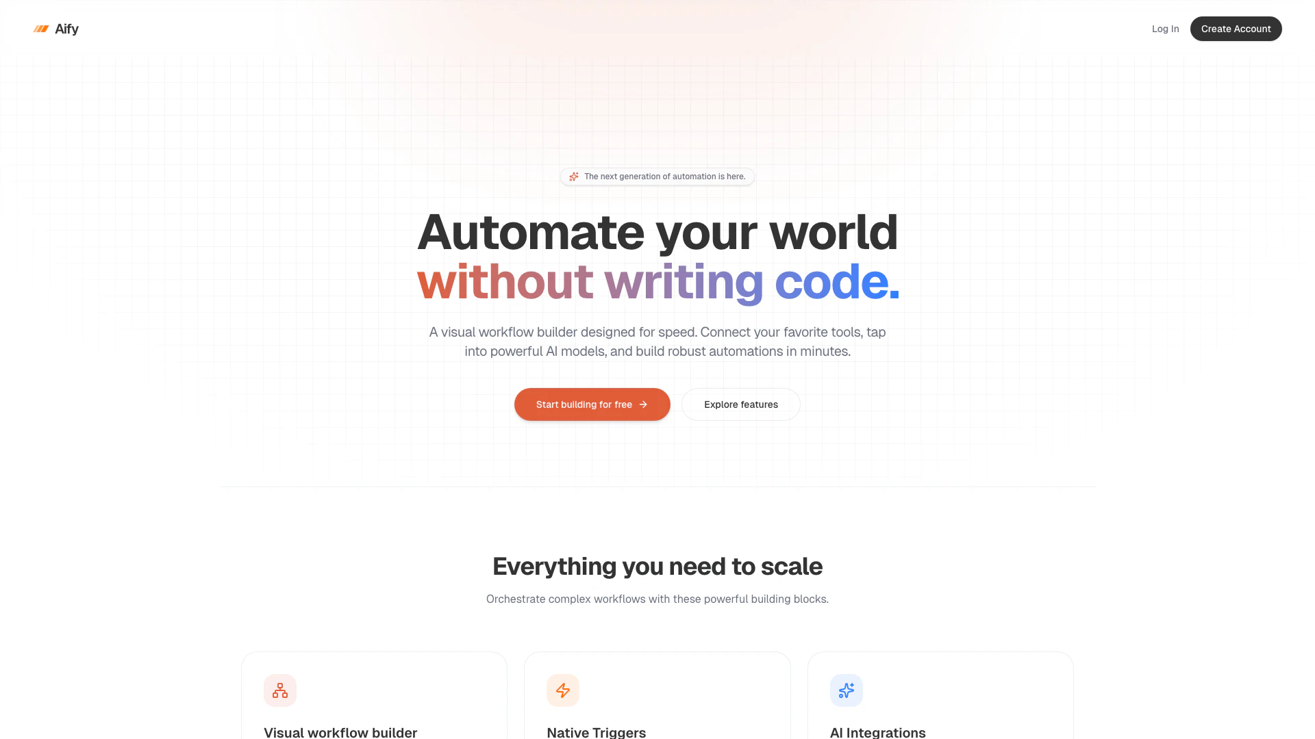 Try Aify website screenshot showing Try Aify is the next generation of autom... interface and features