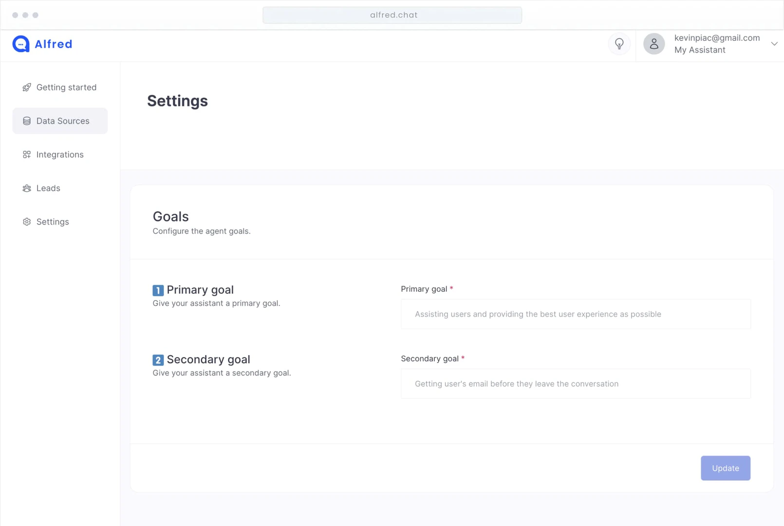 Tryalfred settings interface