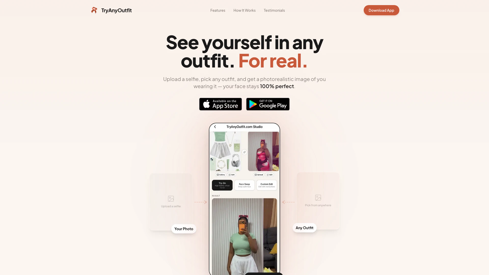 Tryanyoutfit website screenshot showing Upload a selfie and try on any outfit in... interface and features