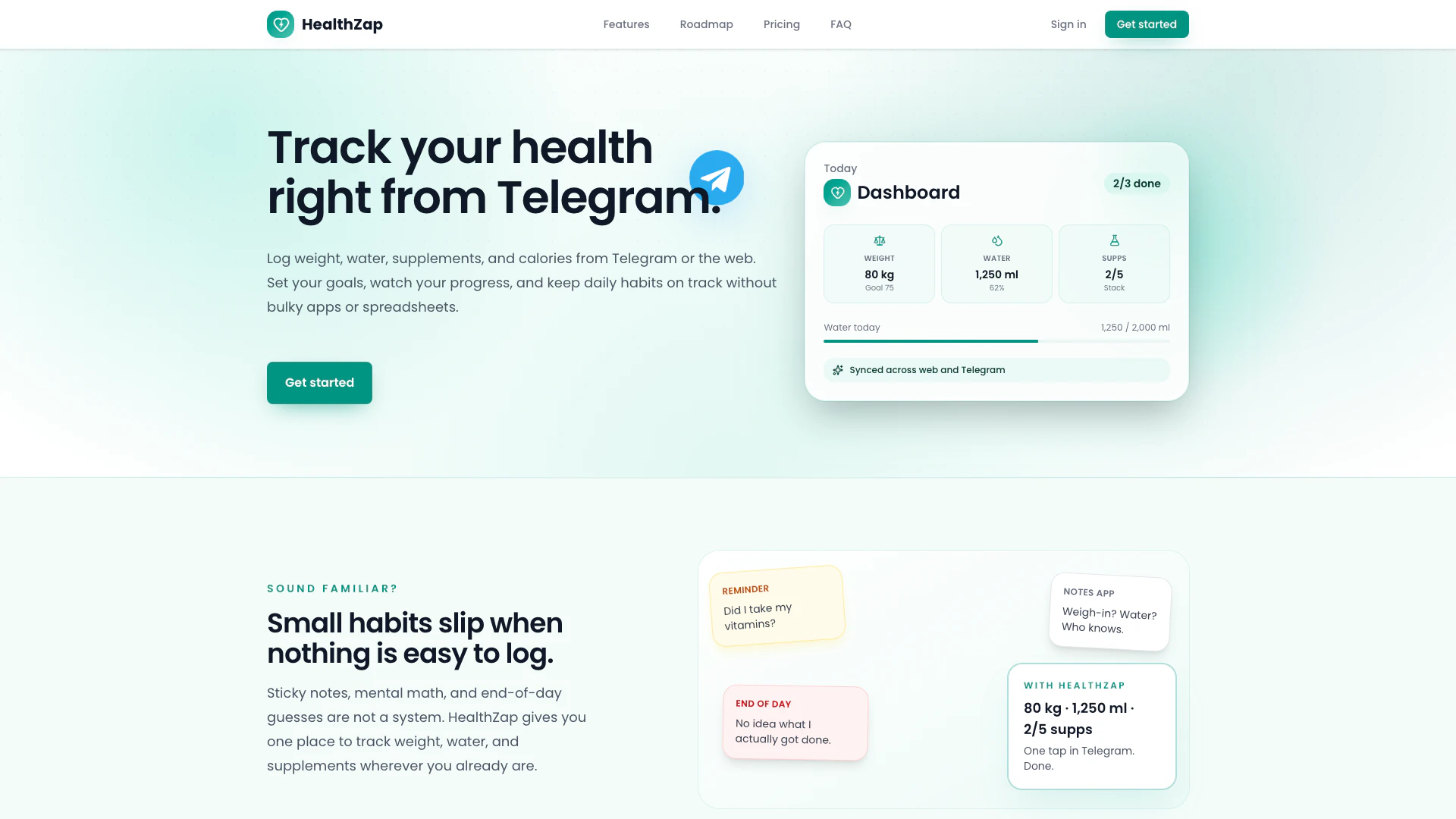 Tryhealthzap website screenshot showing Track your weight, water, supplements, a... interface and features