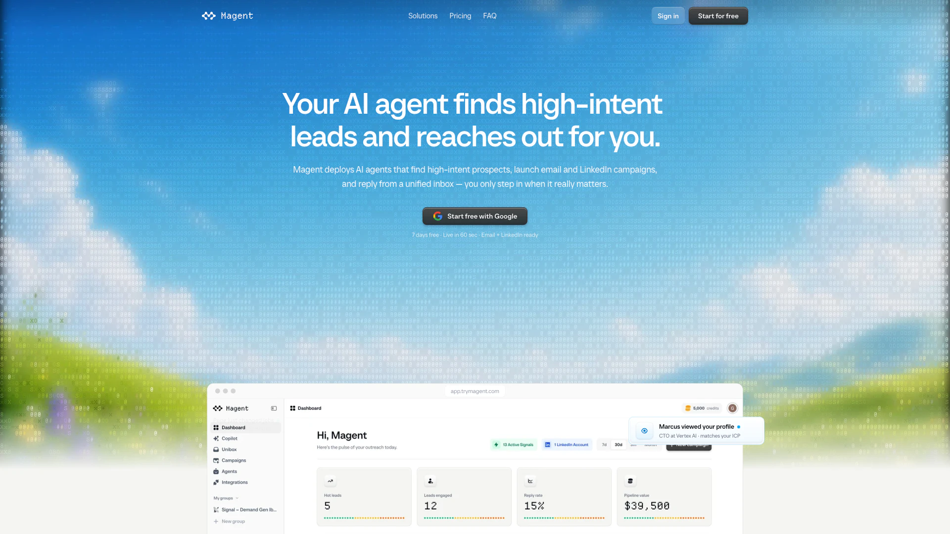 Trymagent website screenshot showing Deploy AI agents that find high-intent p... interface and features