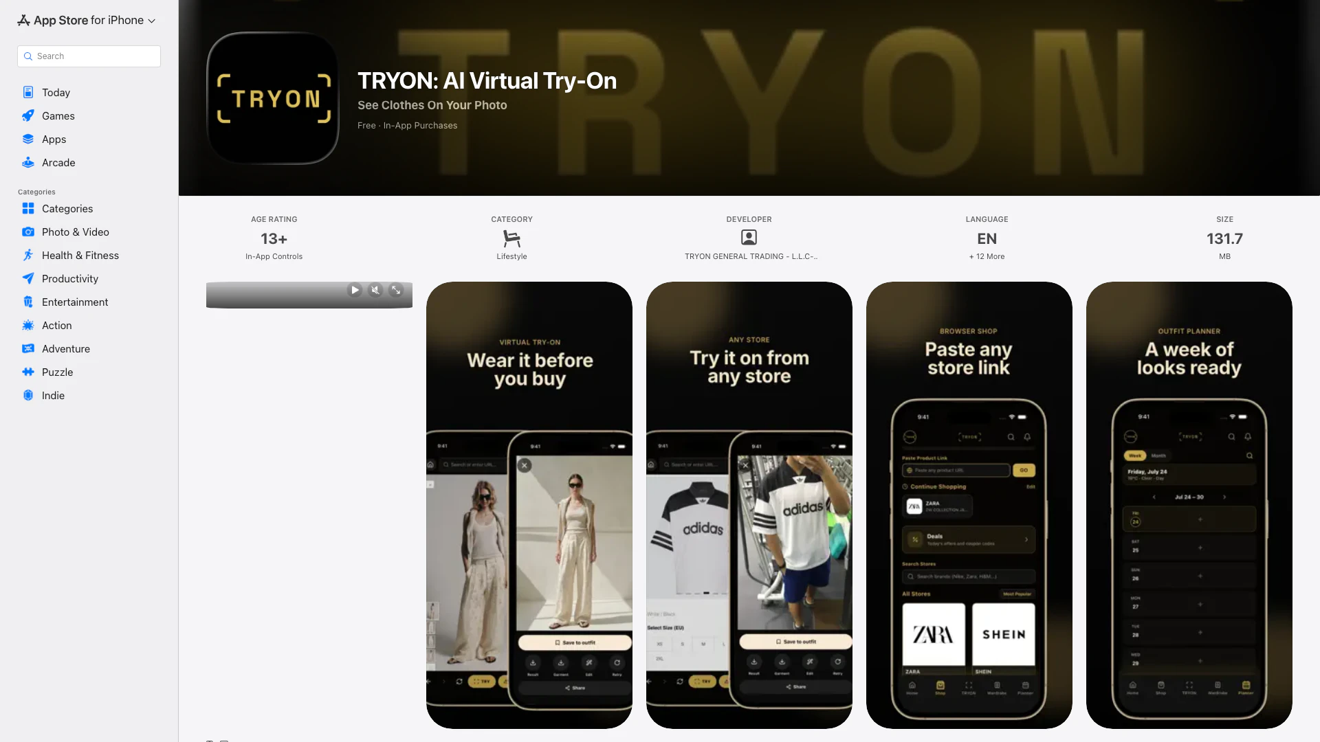 Tryon: Ai Virtual Try-on - iOS App website screenshot showing TRYON is an AI virtual try-on tool for y... interface and features
