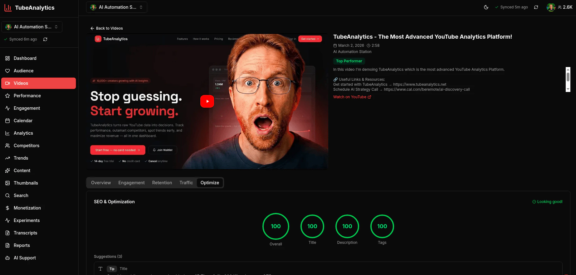TubeAnalytics feature demonstration dashboard