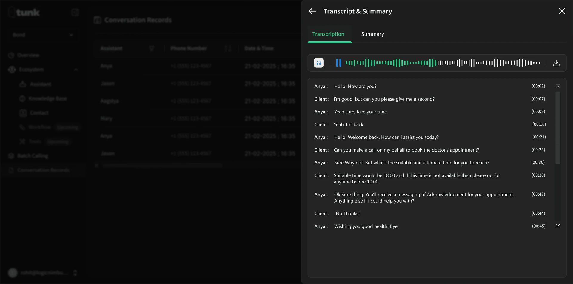 tunkai Call Insights and Analytics feature