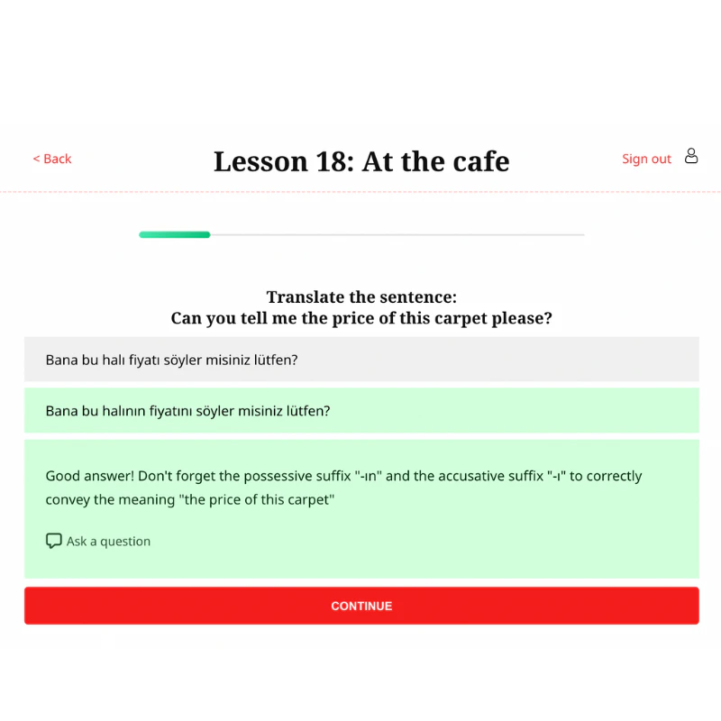Interactive exercises on TurkishFluent for daily progress