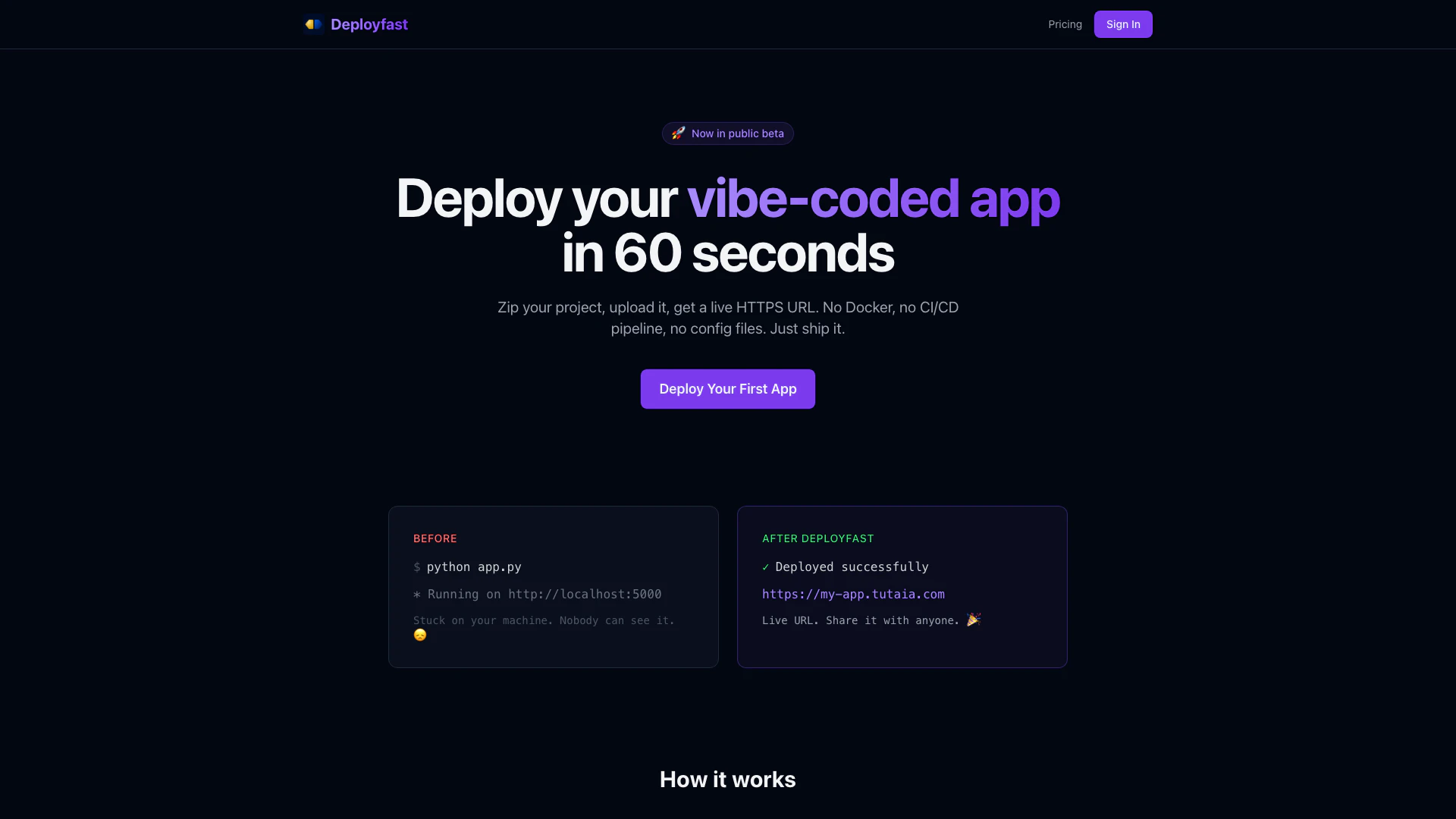 Tutaia website screenshot showing Tutaia allows you to deploy your vibe-co... interface and features