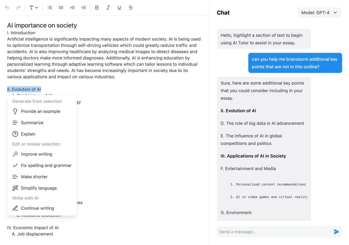 tutorocean AI Tutor writing assistance feature