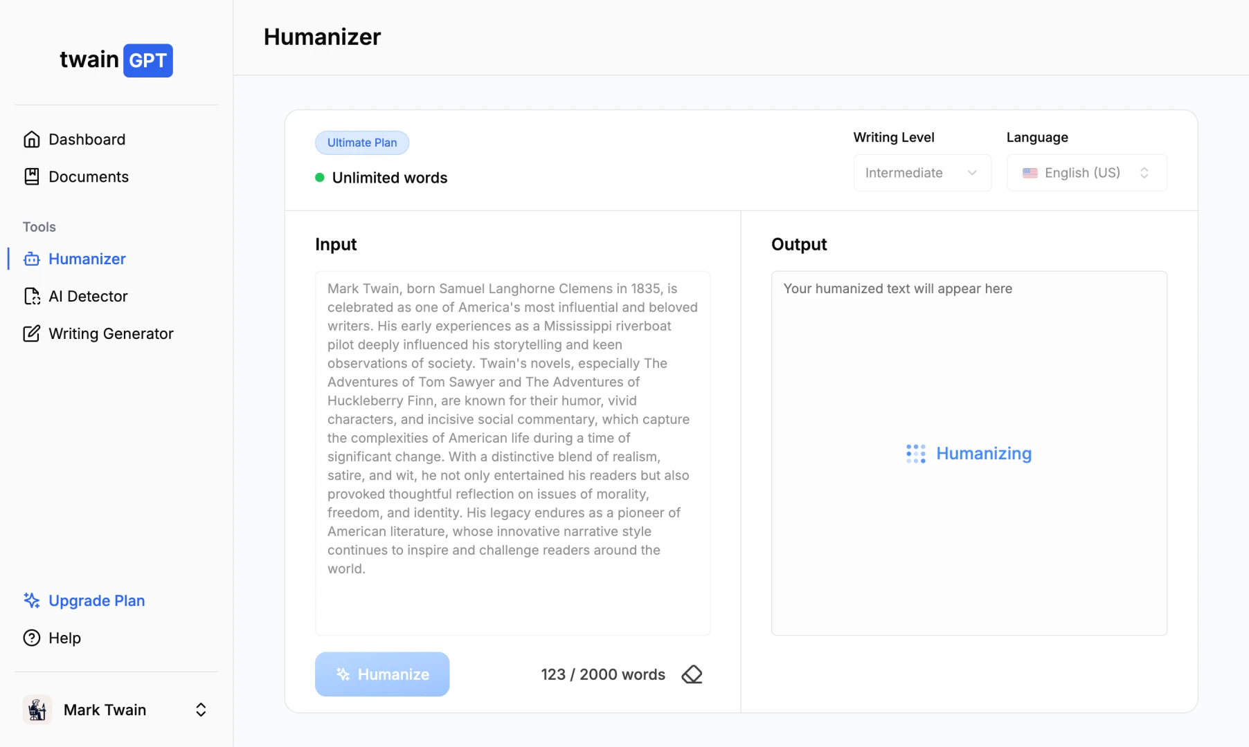 TwainGPT product interface overview
