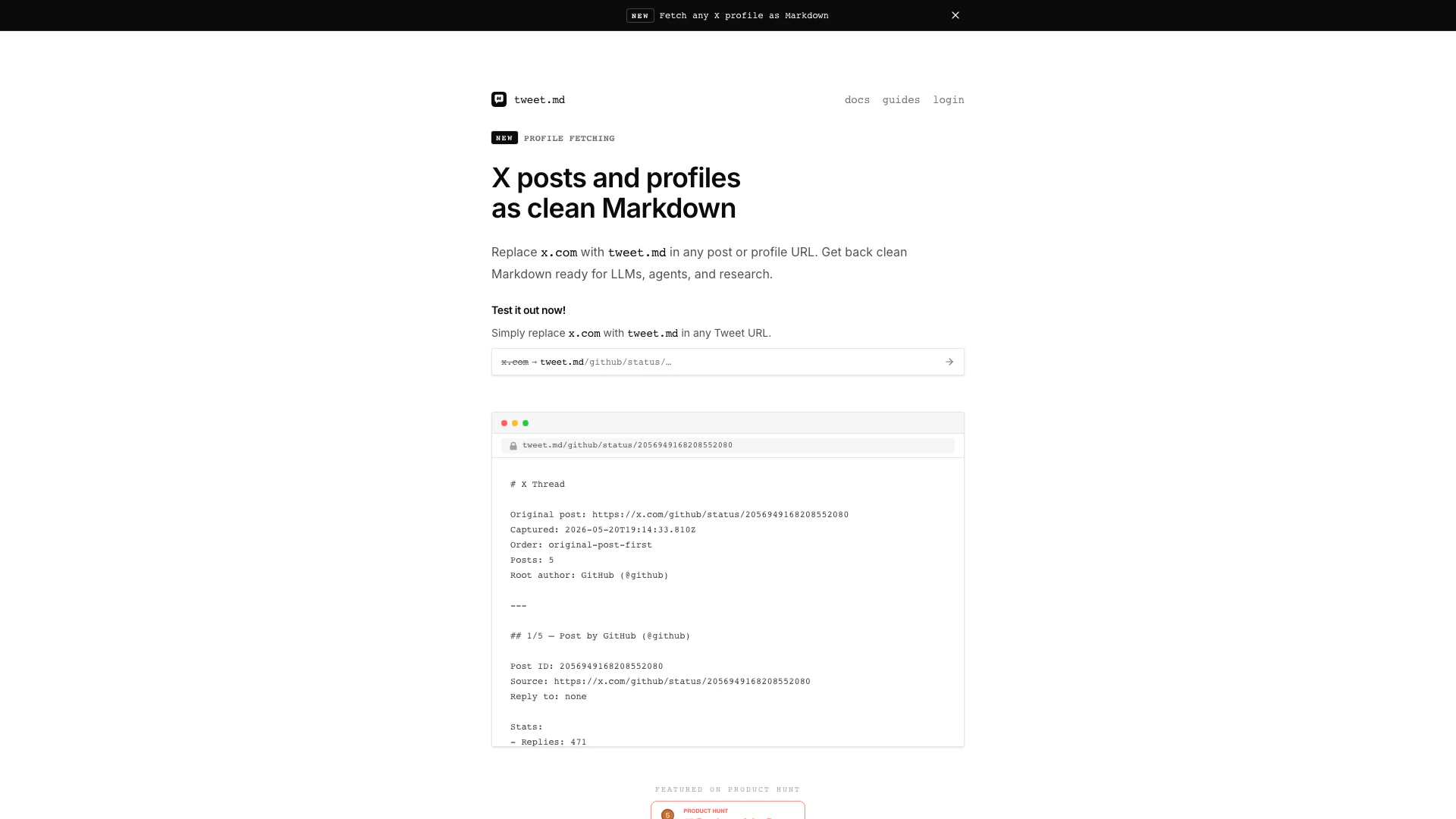 Tweet website screenshot showing Get any X post or thread as clean Markdo... interface and features