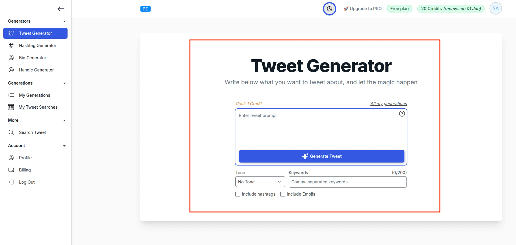Tweetstorm Ai tweet generator interface