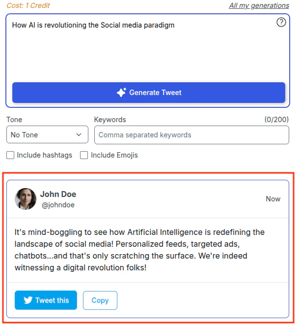 Generated tweet example from Tweetstorm Ai