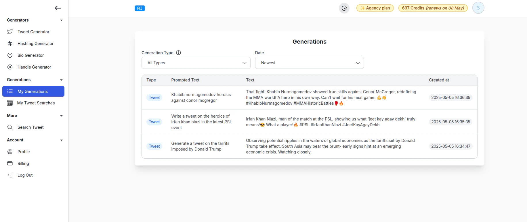 Tweetstorm Ai generations history table
