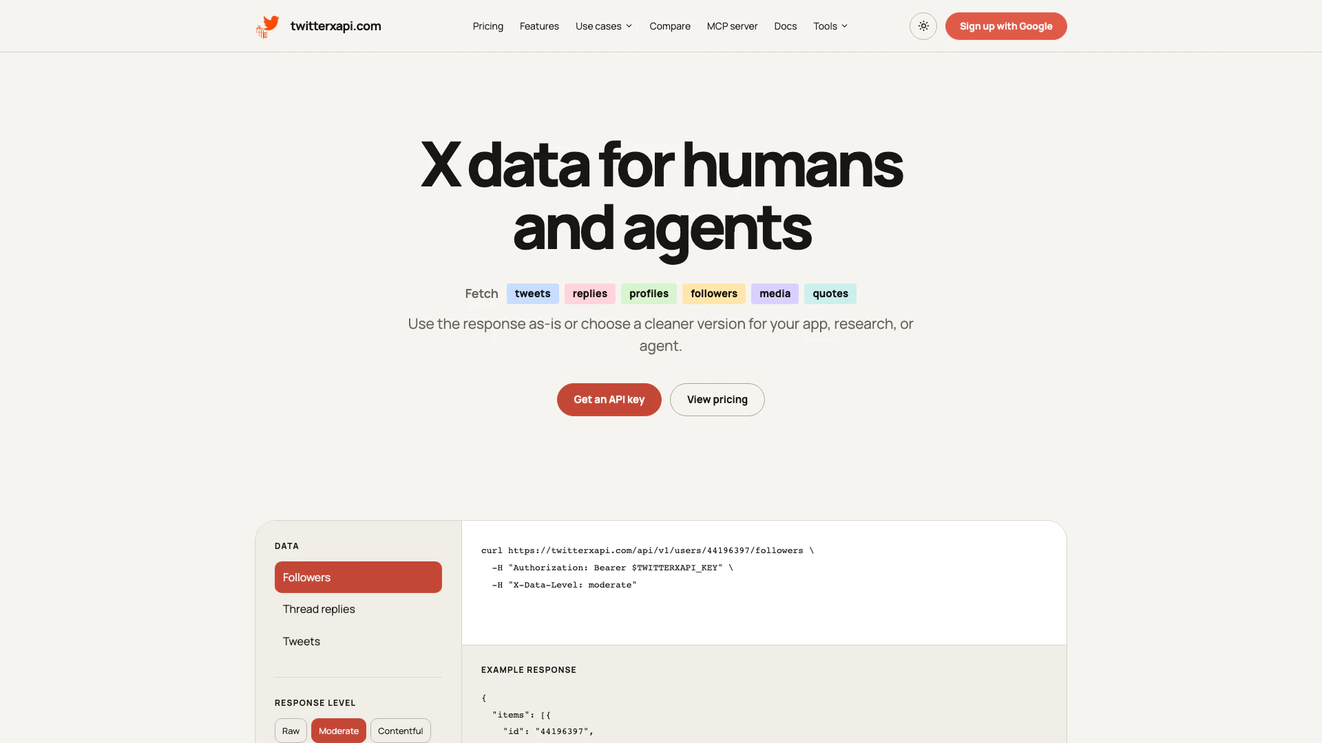 Twitterxapi website screenshot showing Twitterxapi allows you to fetch public X... interface and features