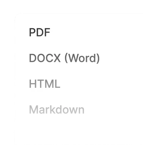 Type Ai document export options including PDF and DOCX