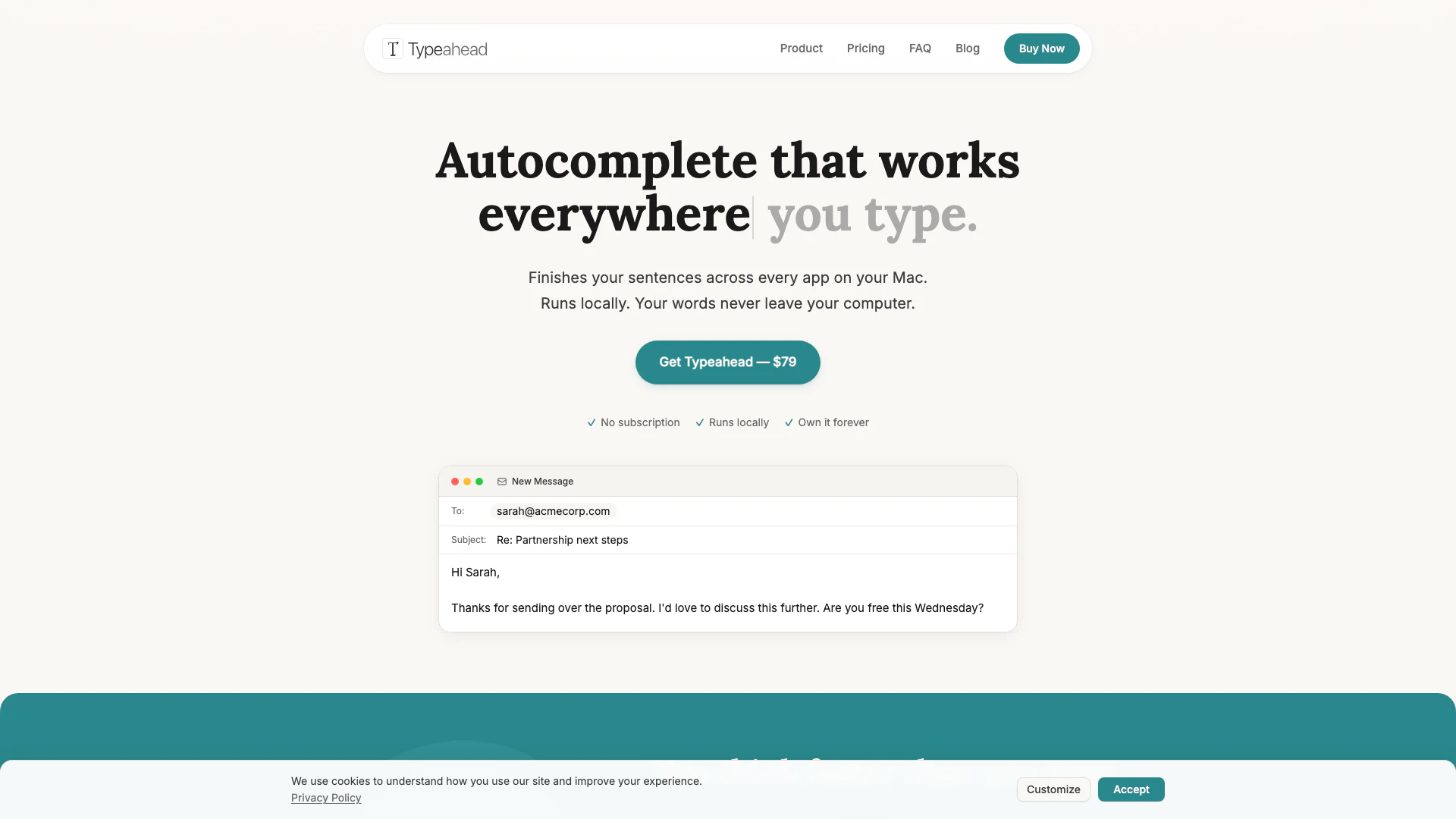 Typeaheadai website screenshot showing Typeahead is a system-wide AI autocomple... interface and features
