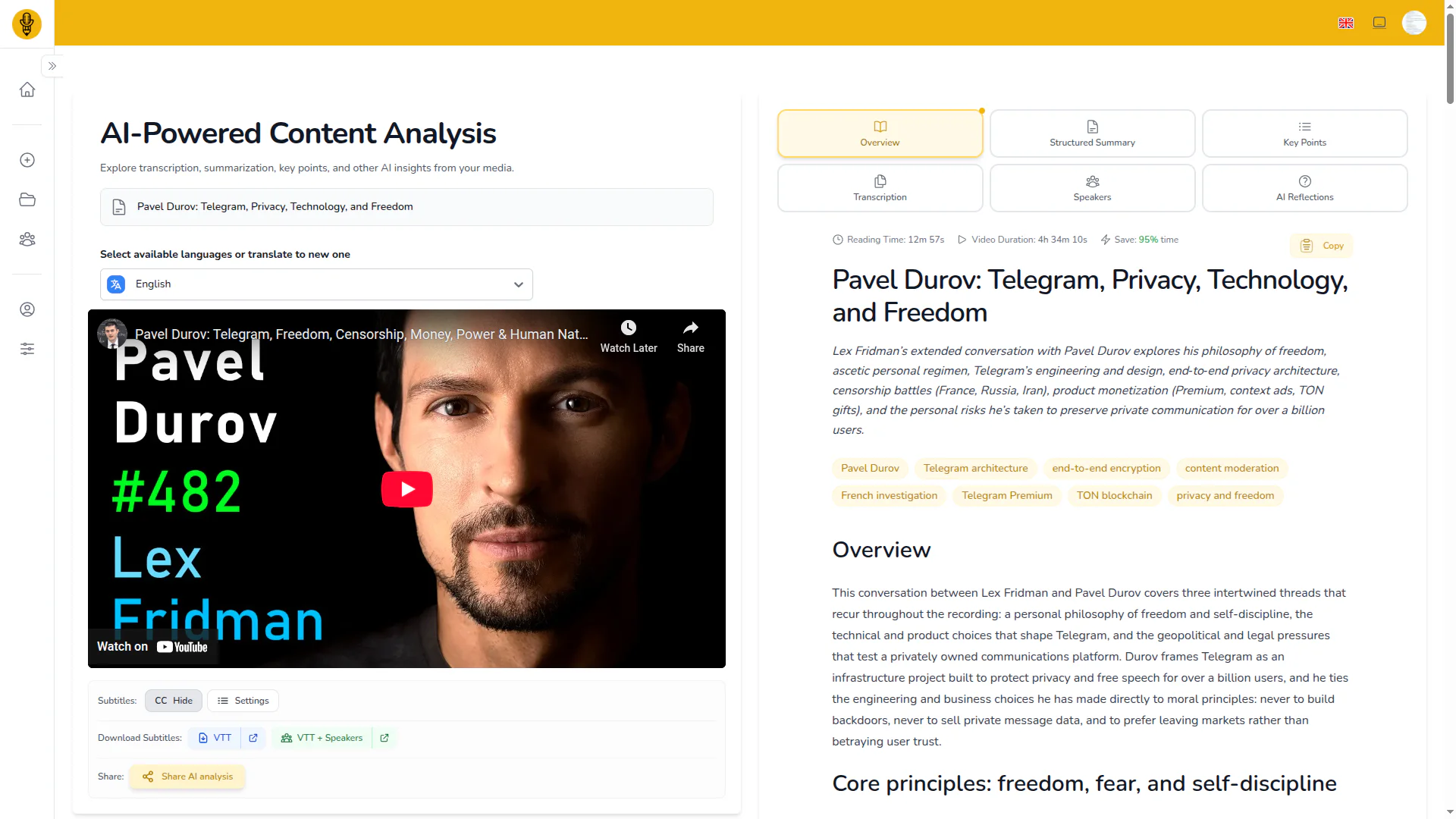 UaiTec AI analysis dashboard showing keypoints and summaries
