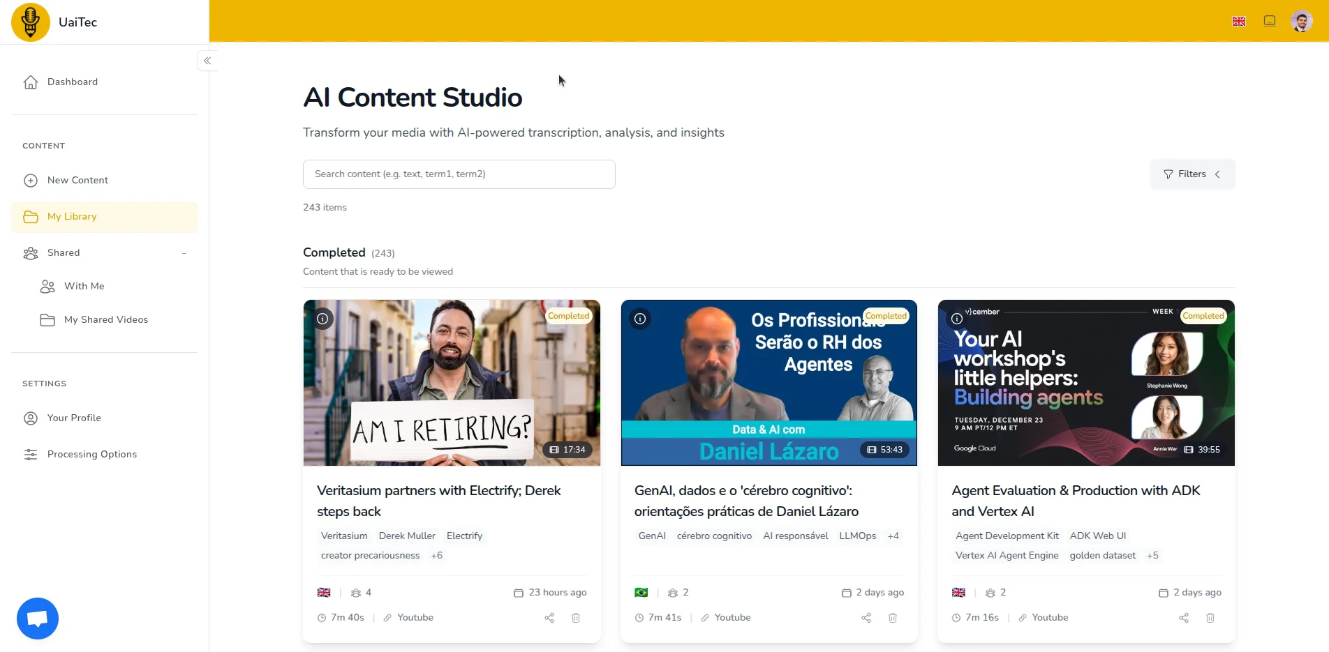 UaiTec interface showing searchable knowledge library with AI summaries and transcripts