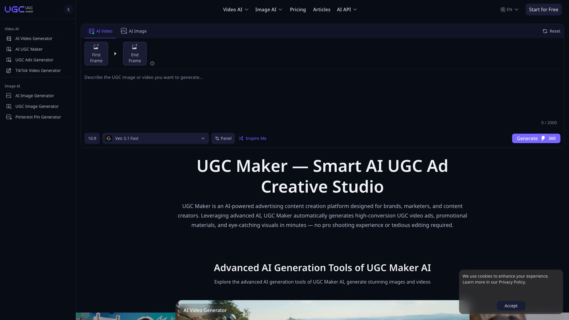 Ugcmaker website screenshot showing UGC Maker AI ist ein kostenloses Tool zu... interface and features