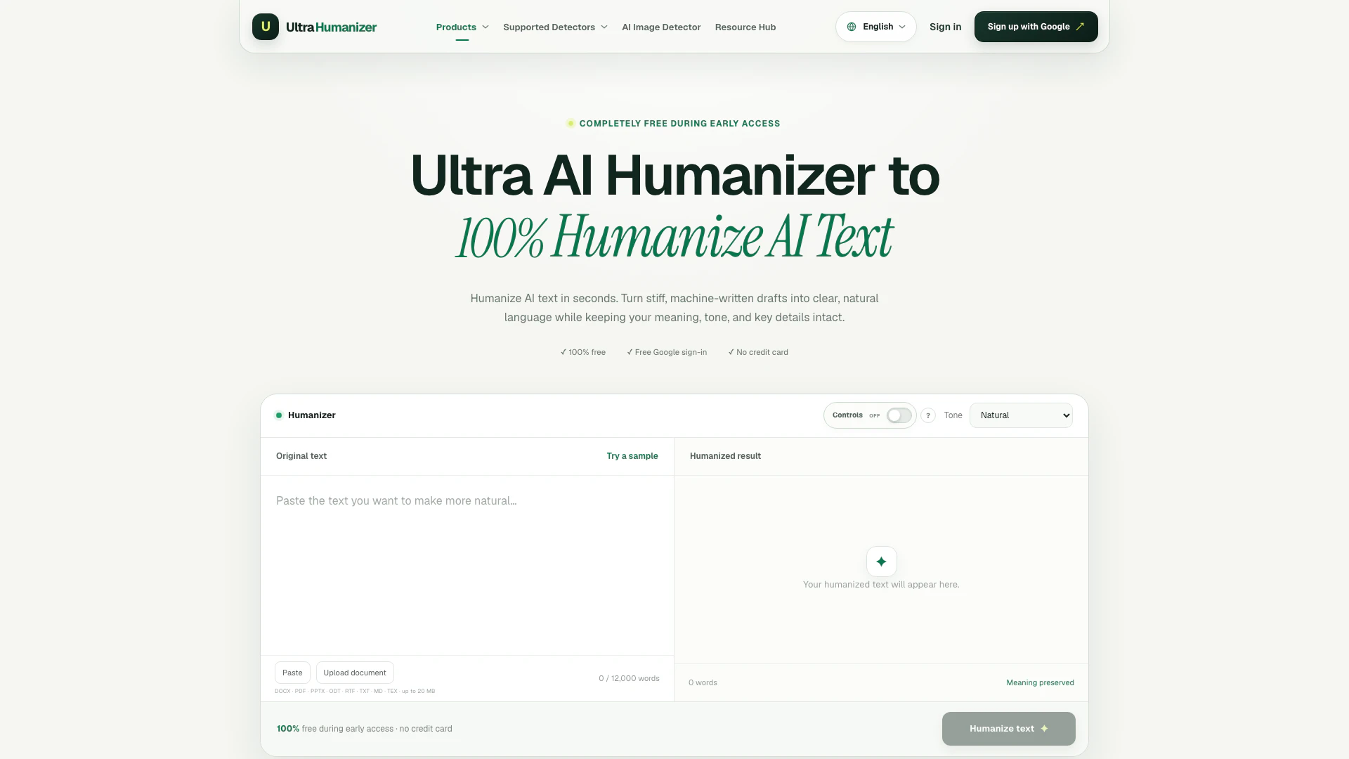 Ultrahumanizerai website screenshot showing Humanize AI text completely free with Ul... interface and features