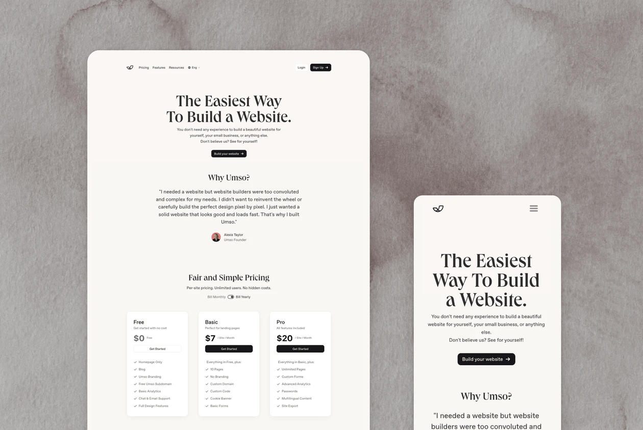 Umso website publishing interface screenshot