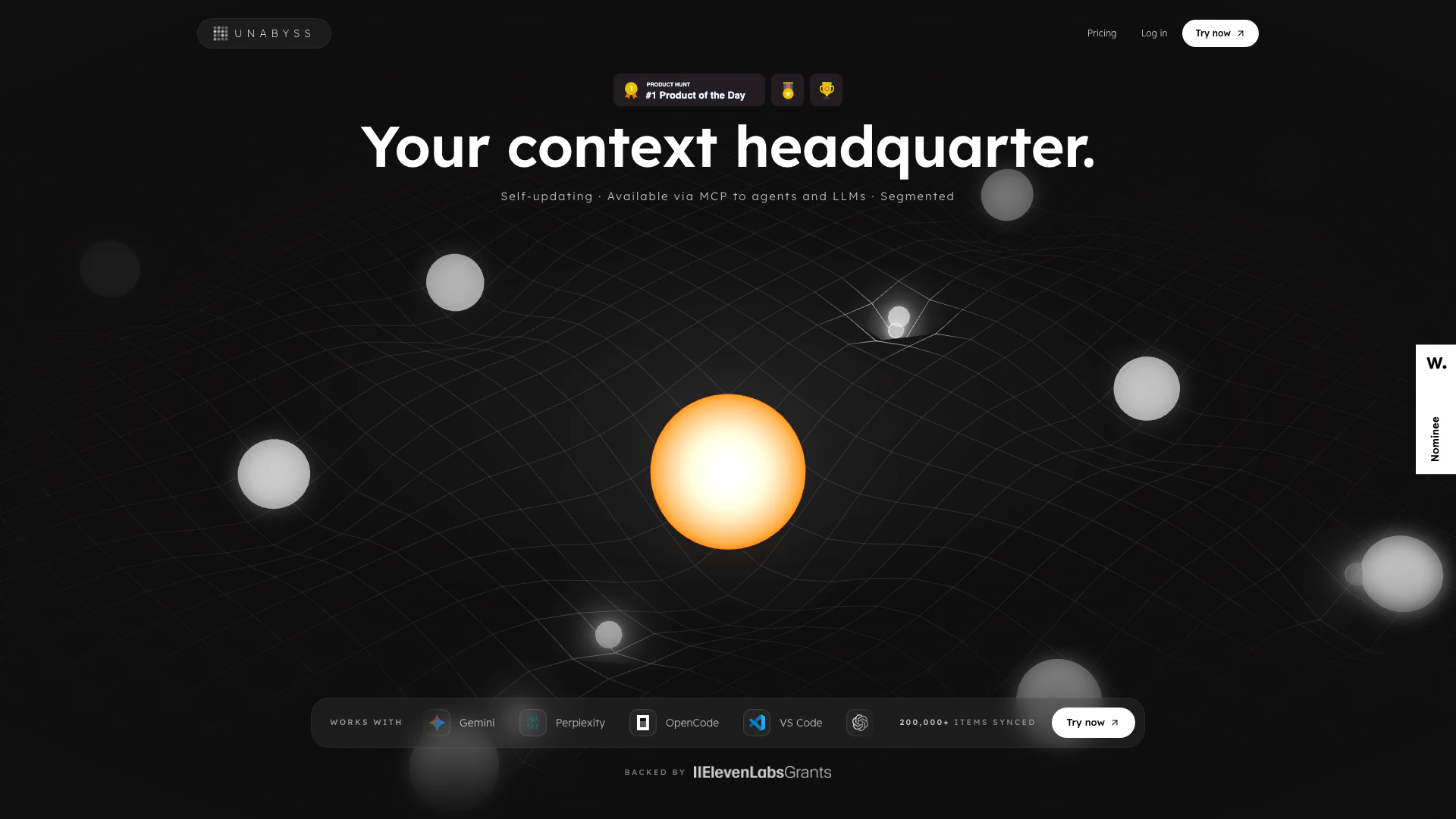 Unabyss website screenshot showing Unabyss is the universal context layer f... interface and features