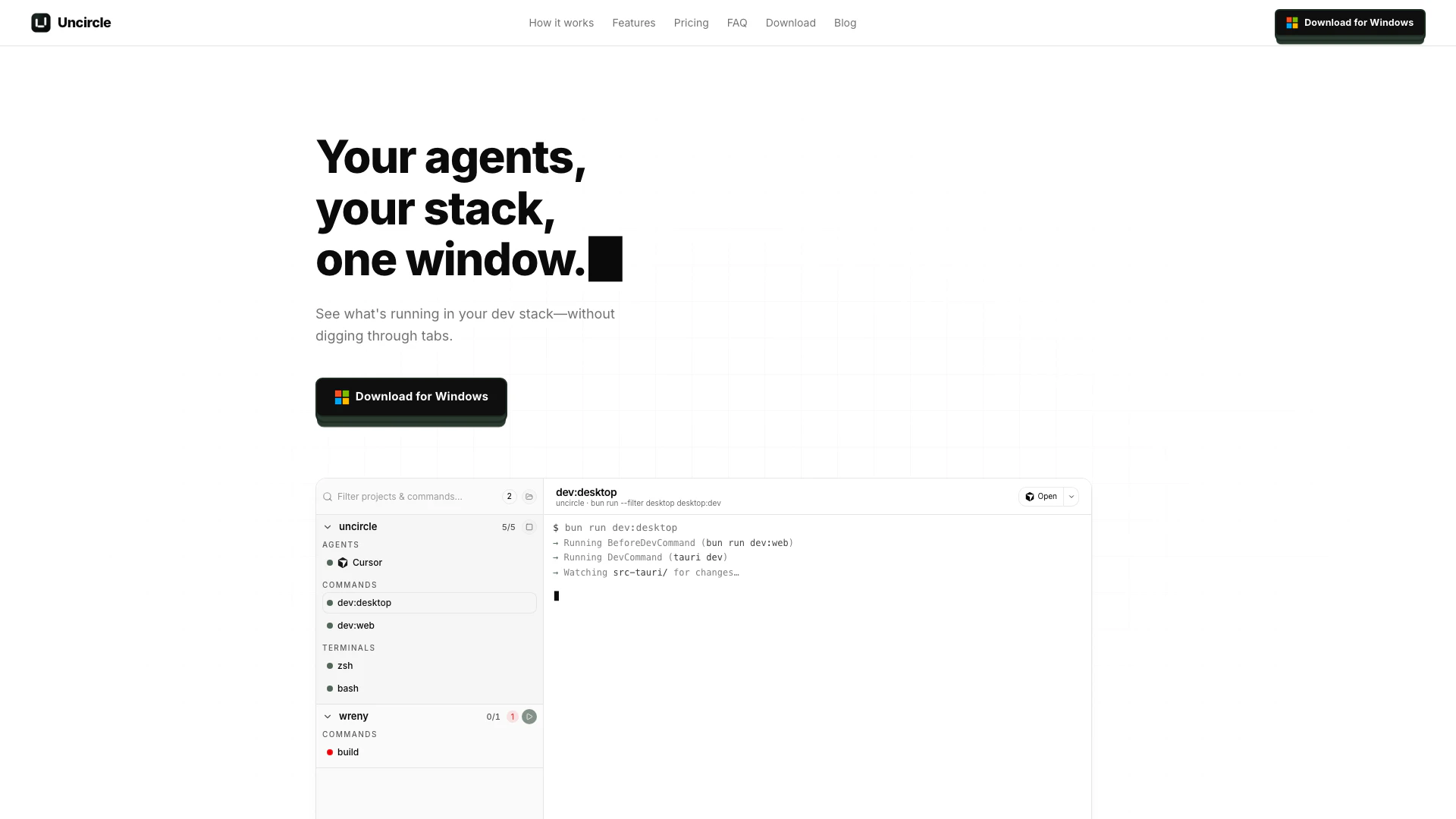 Uncircle website screenshot showing Uncircle is a lightweight Tauri desktop ... interface and features