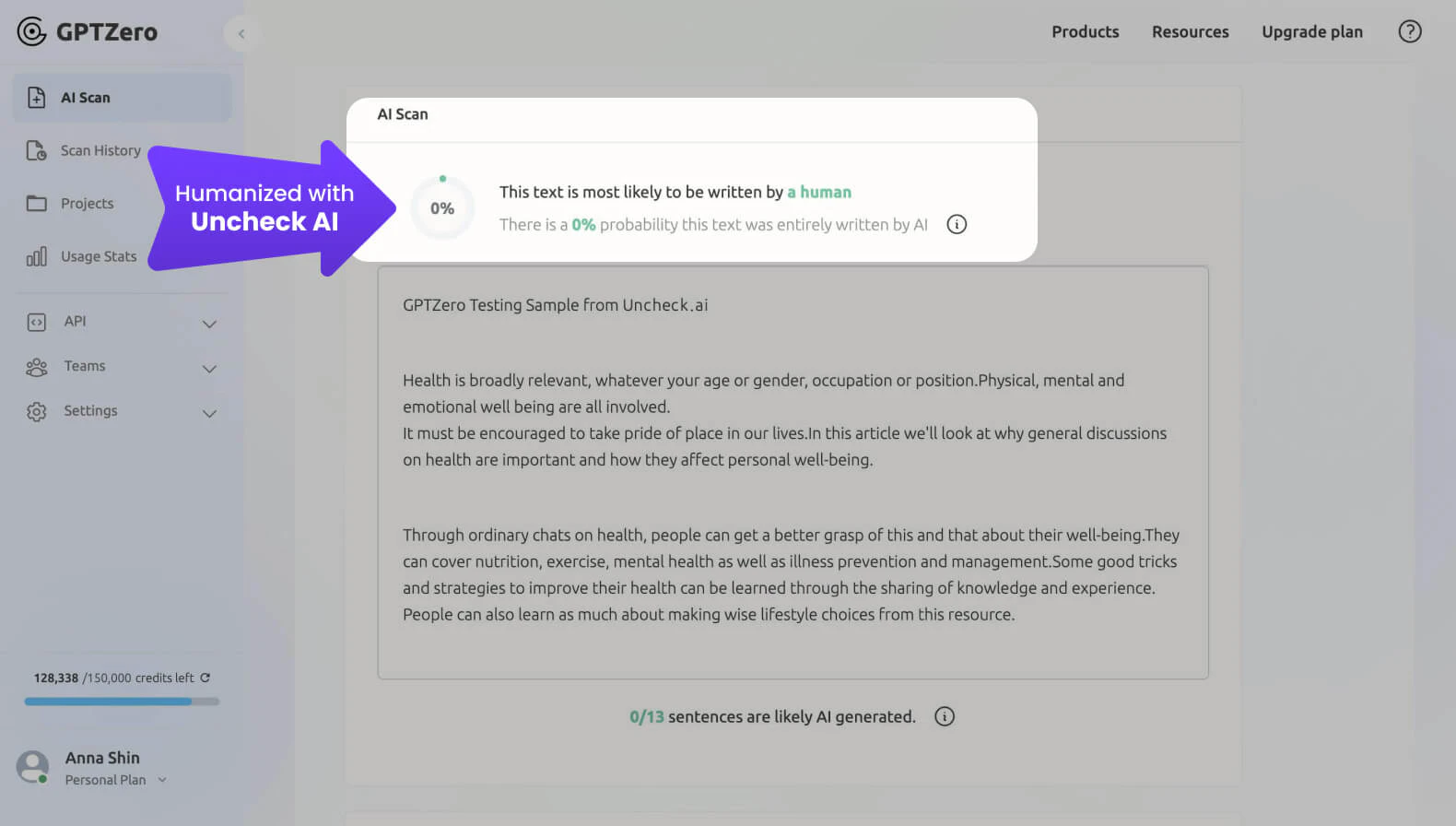 Bypassing GPTZero detection with Undetectable AI