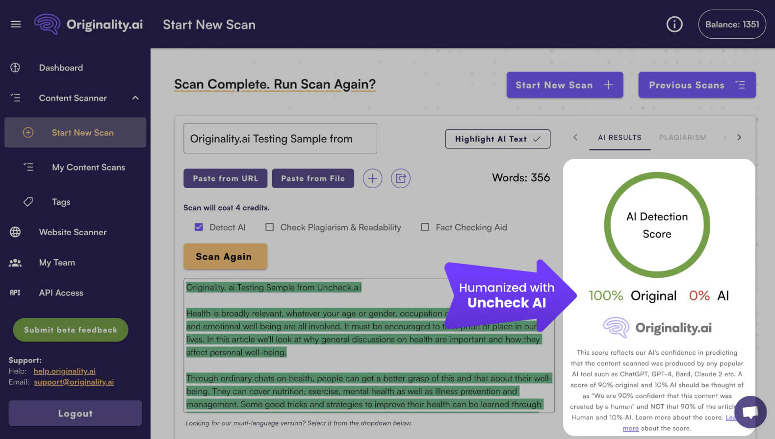 Bypassing Originality.AI detection with Undetectable AI