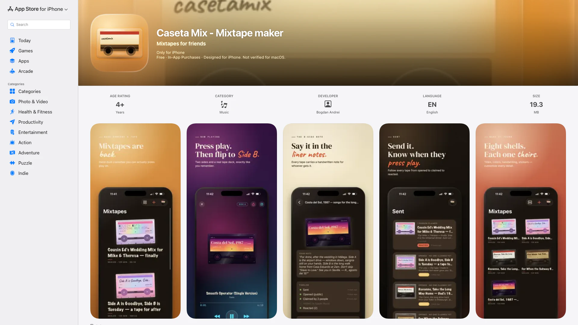 Unknown - iOS App website screenshot showing Caseta Mix transforms your Apple Music i... interface and features