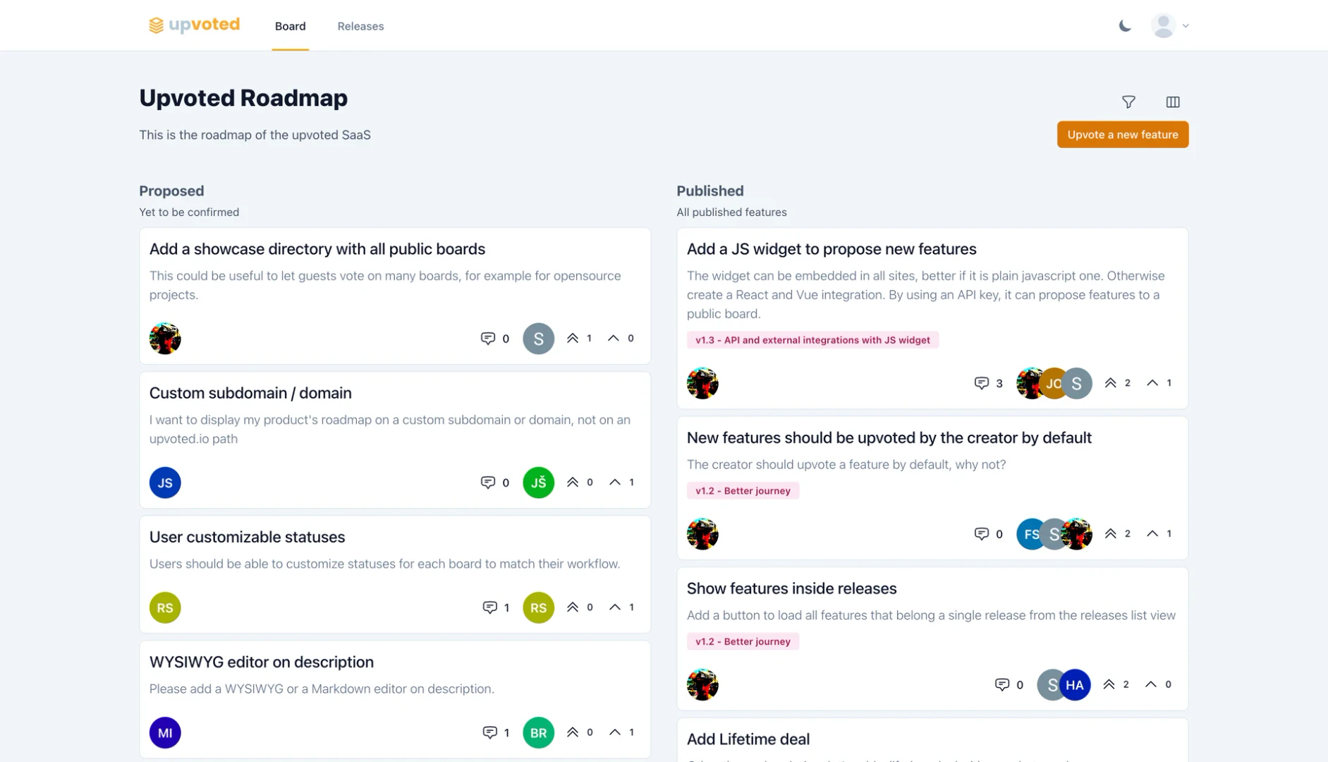 Upvoted product interface showcasing feedback features