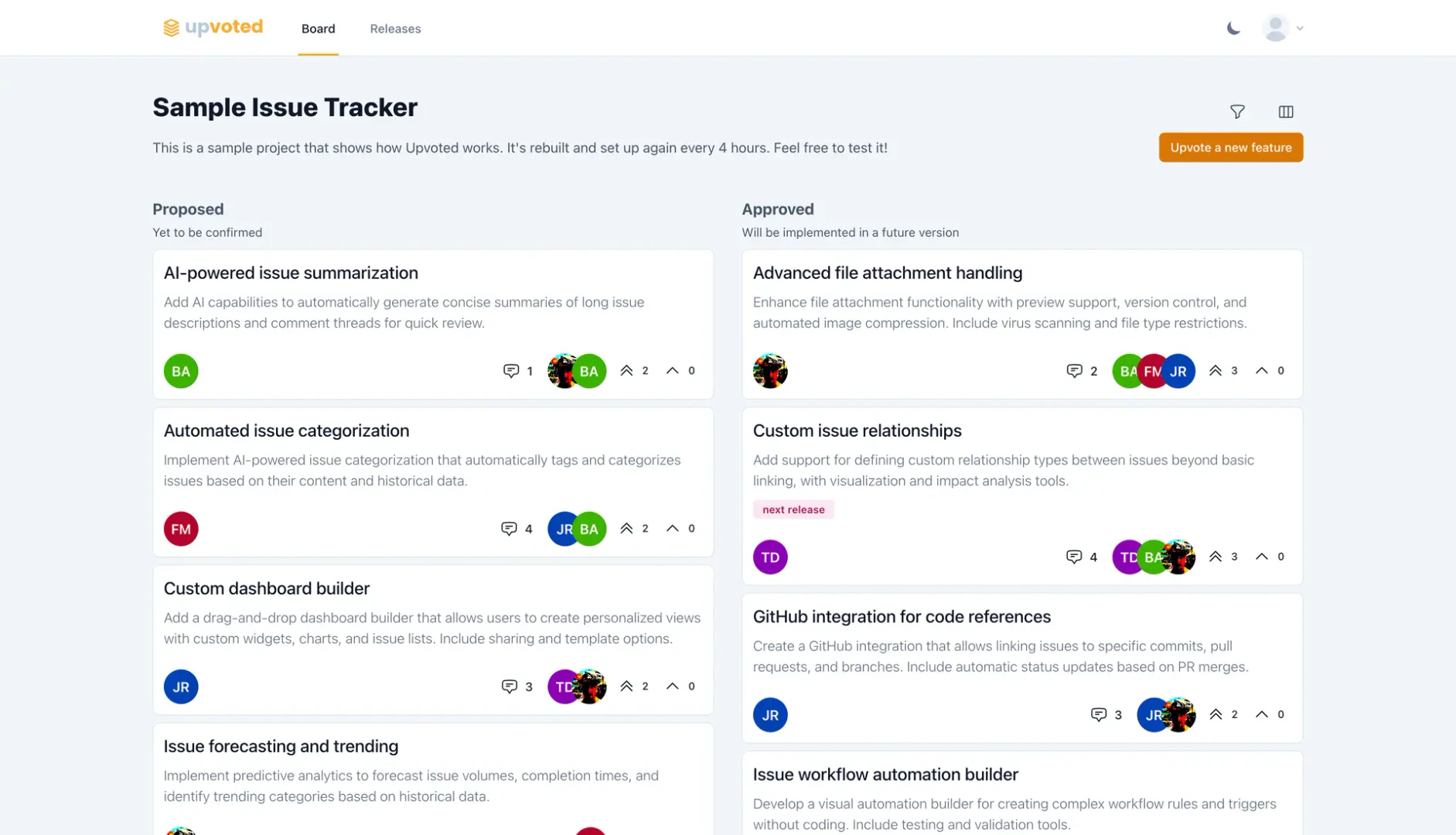 Upvoted visual roadmap interface for feature tracking