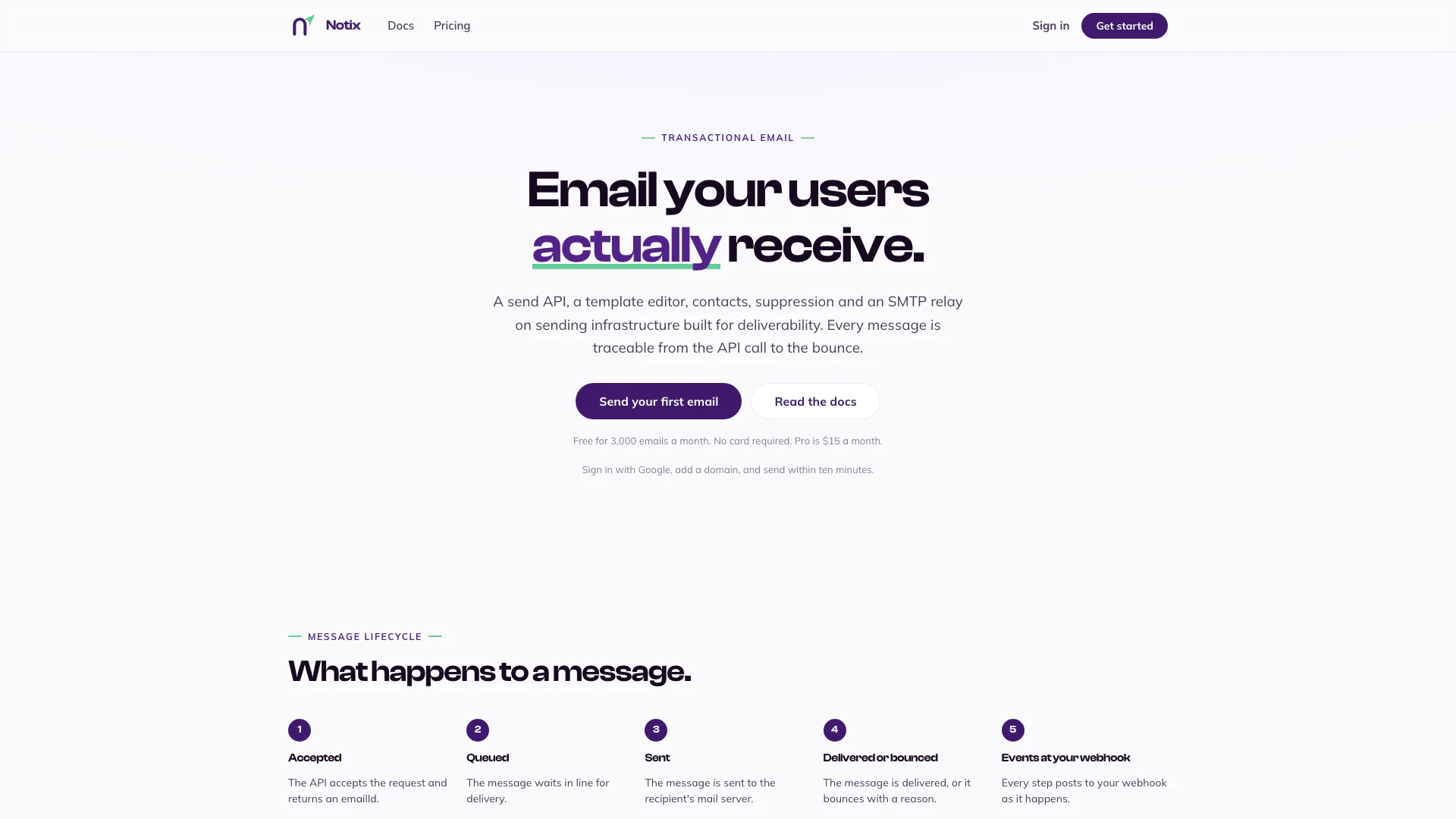 Usenotix website screenshot showing Send transactional and marketing email o... interface and features
