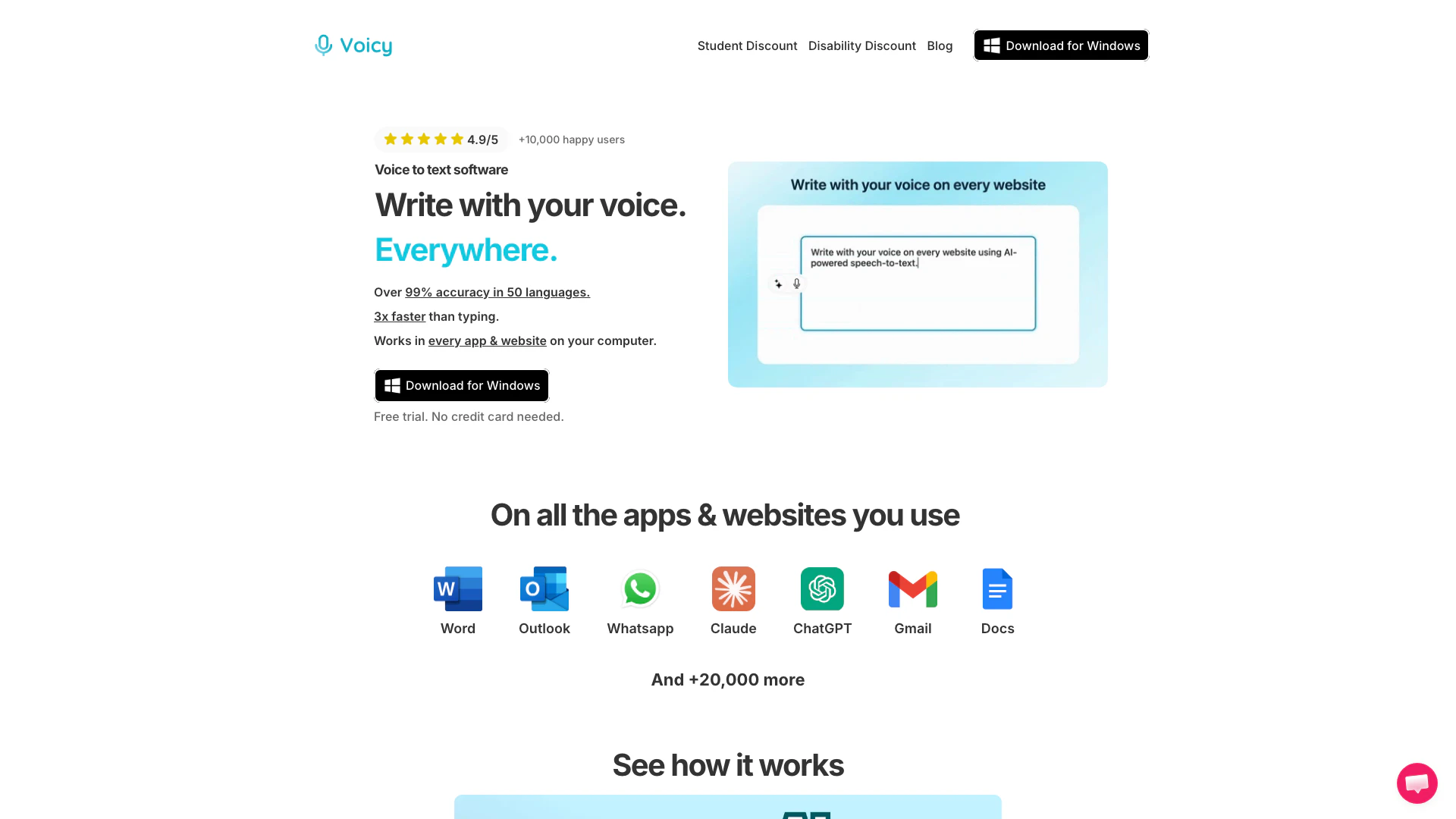 Usevoicy website screenshot showing Write with your voice, everywhere. Voicy... interface and features