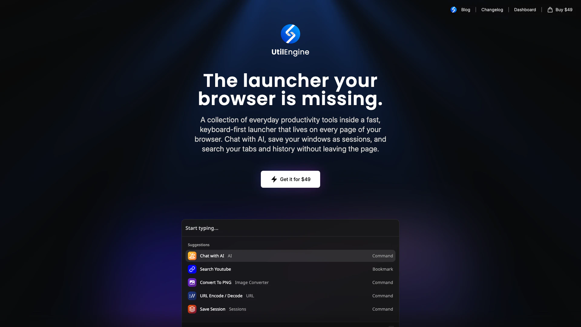 Utilengine website screenshot showing The launcher your browser is missing. It... interface and features