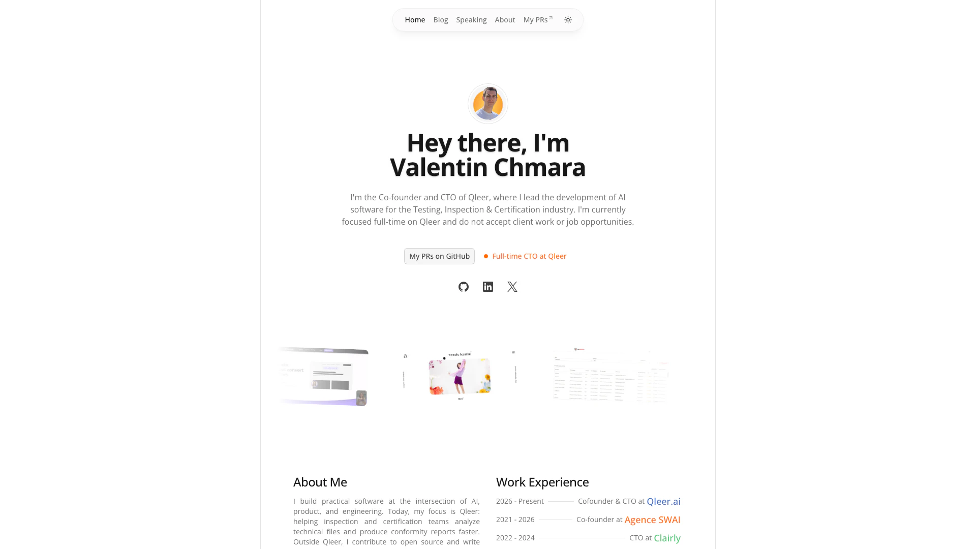 Valentinchmara website screenshot showing I am Valentin Chmara, Co-founder and CTO... interface and features
