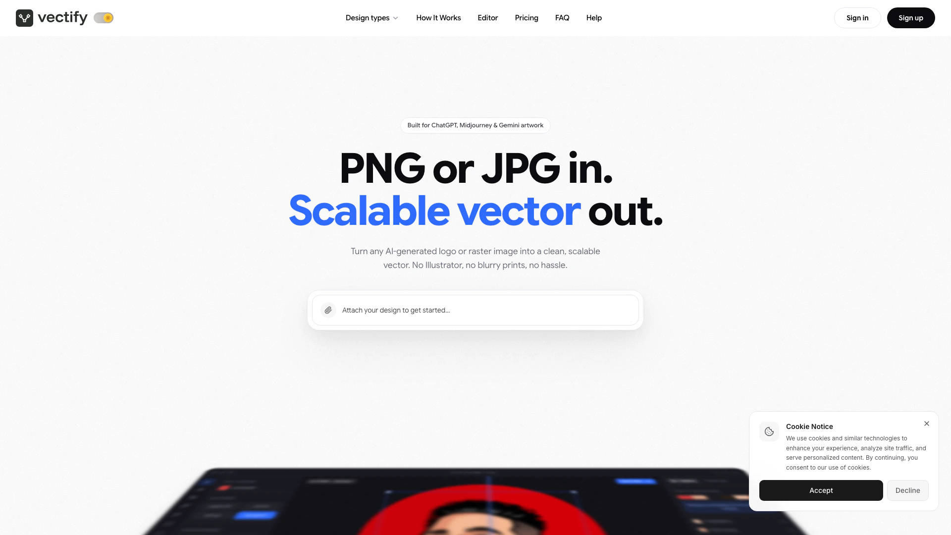 Vectify website screenshot showing Chuyển logo AI mờ của bạn thành tệp SVG,... interface and features