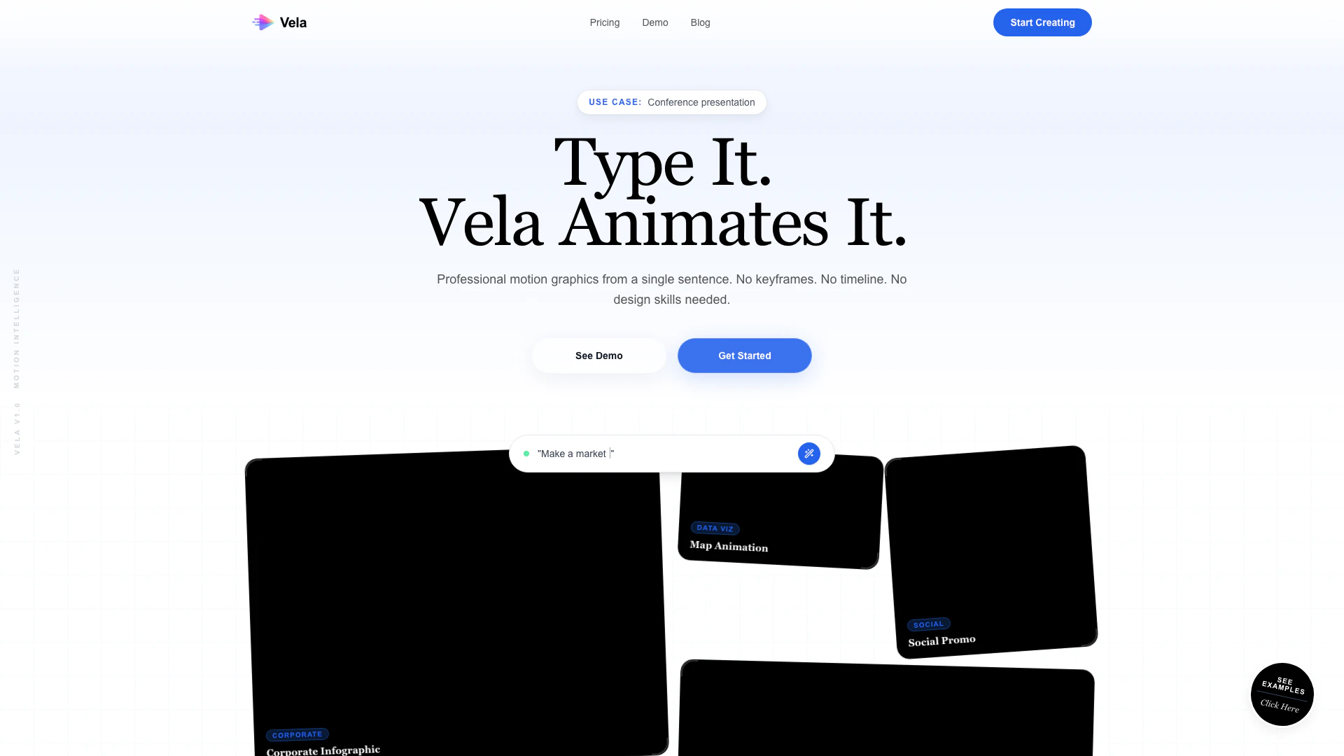 Vela website screenshot showing Crea gráficos en movimiento profesionale... interface and features