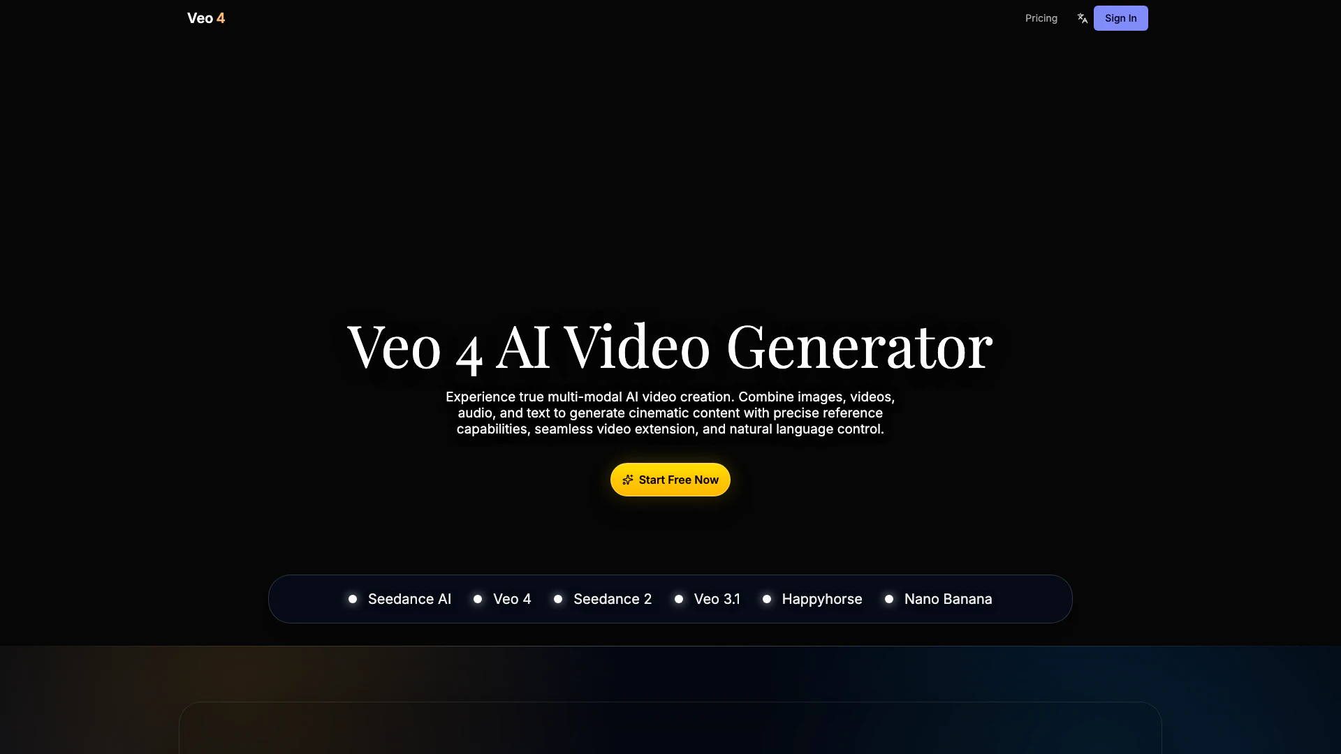 Veo4free website screenshot showing Veo 4 is the ultimate AI video generatio... interface and features