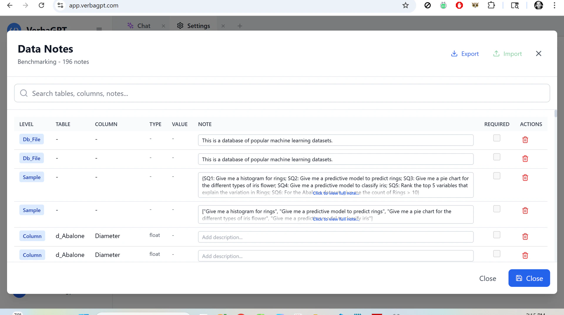VerbaGPT Data Notes feature interface