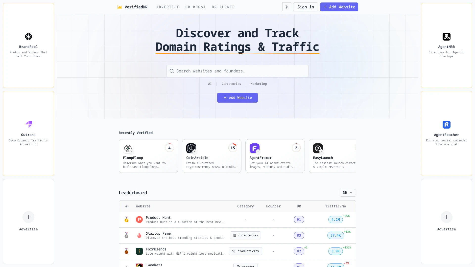 Verifieddr website screenshot showing Discover and track your website's Domain... interface and features