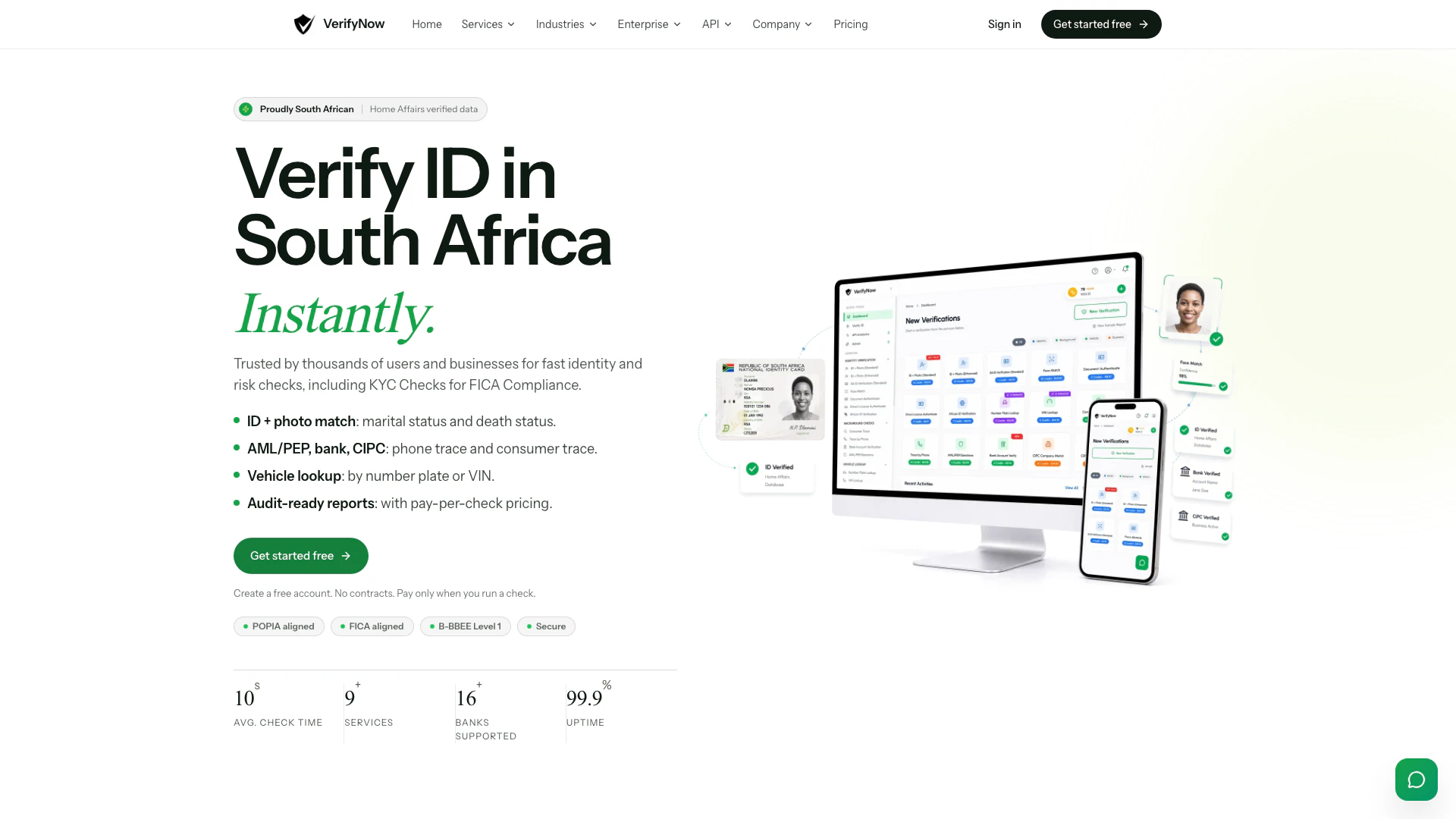 Verify Now website screenshot showing VerifyNow is a South African verificatio... interface and features