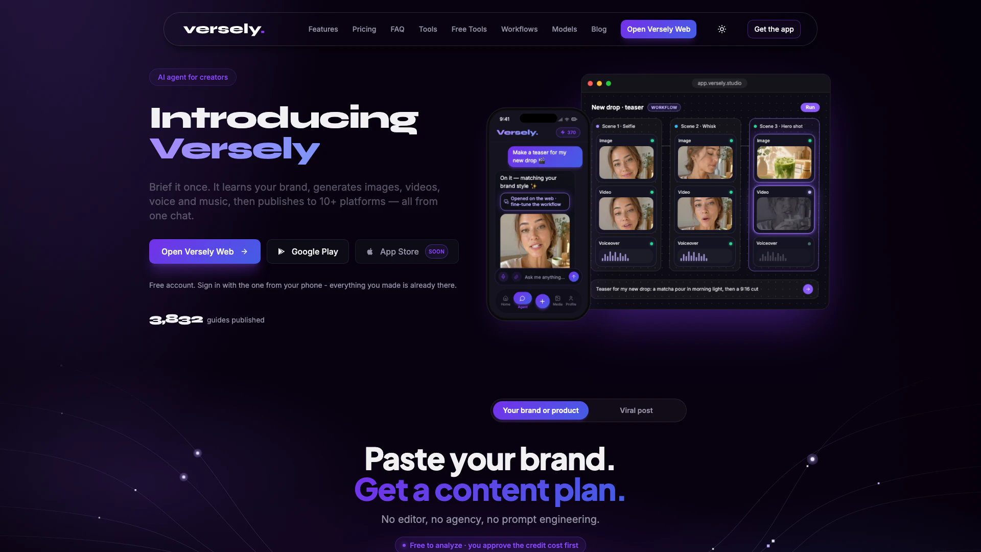 Versely website screenshot showing Create viral social media content in sec... interface and features