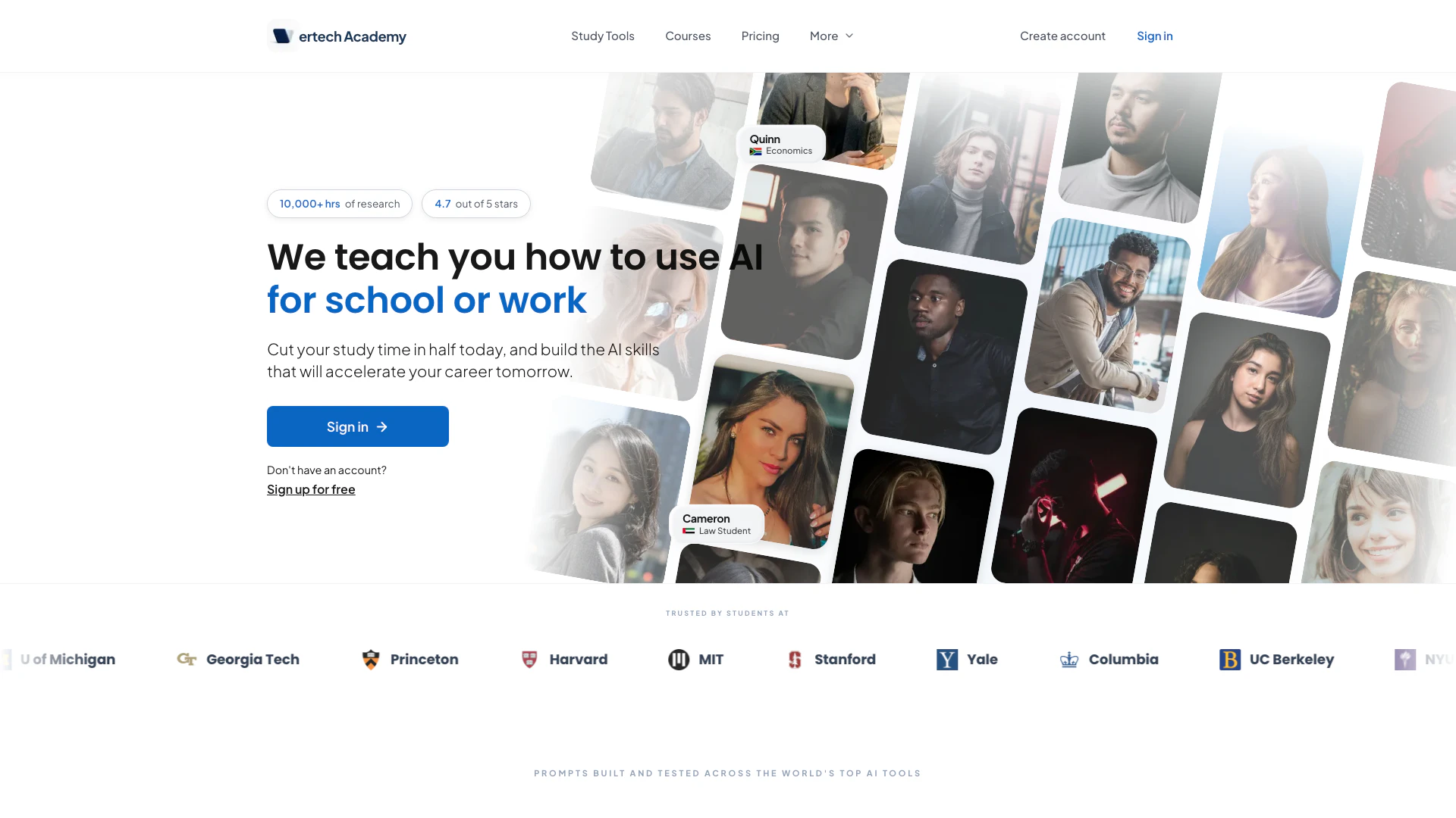 Vertechacademy website screenshot showing Transform AI into your personal tutor fo... interface and features