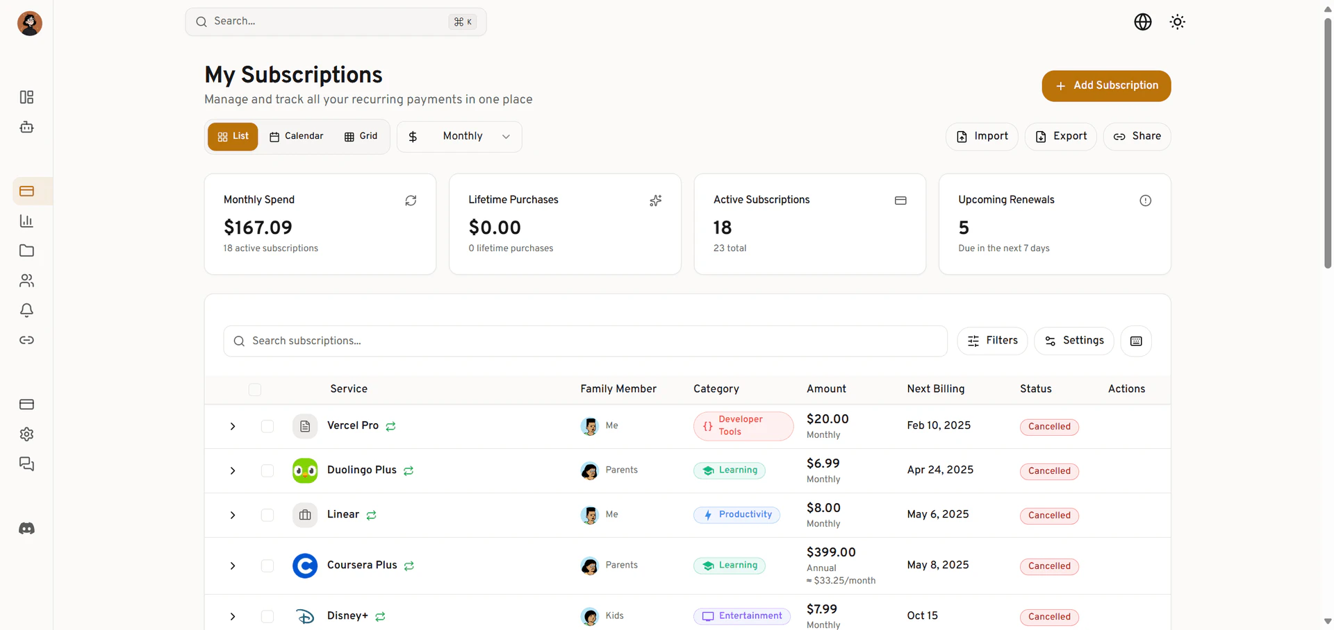 Vexly product interface showing subscription tracking dashboard